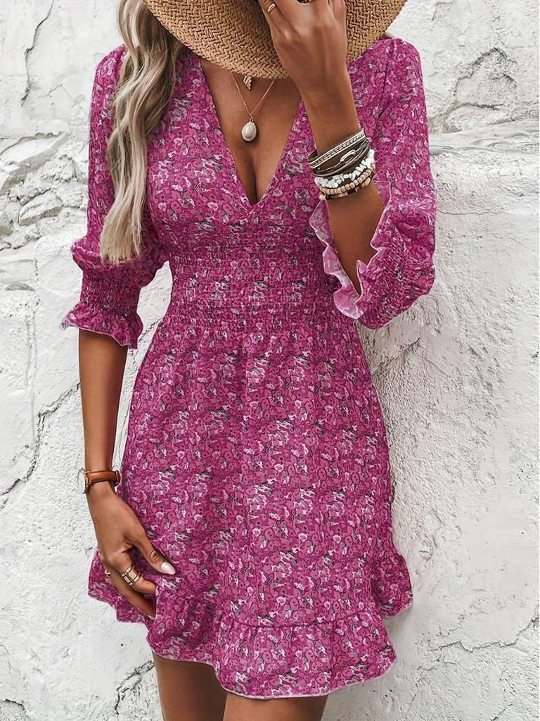 Bohemian Floral Print Mid-Length Pullover Dress with Waist-Gathering and Short Sleeves In 6 Colors
