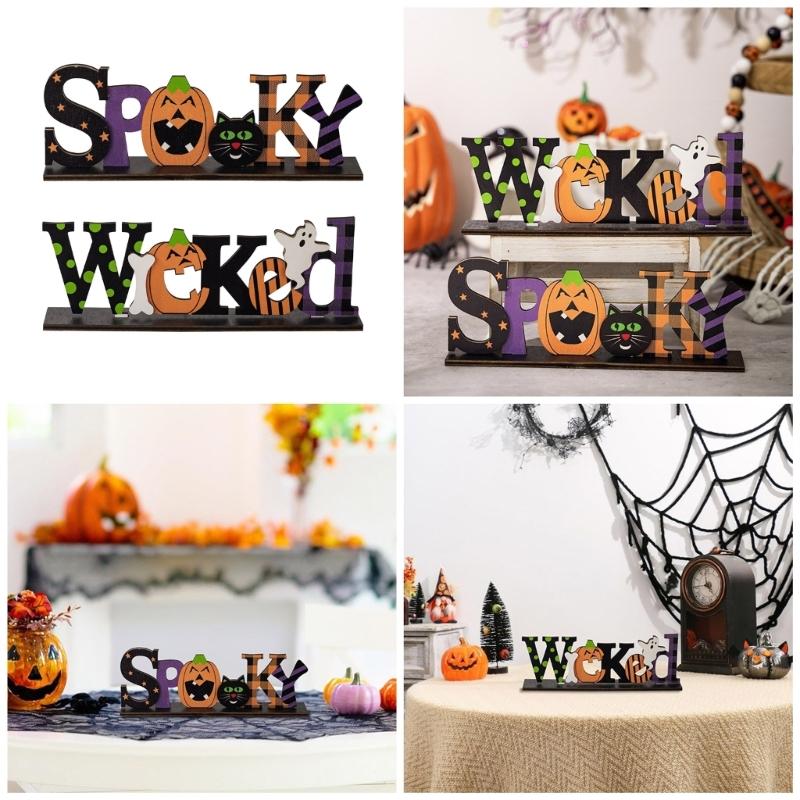 Eerie Wood Crafted Ornament Stylish Wood Halloween Letter Ornament Decoration for Enthusiastic Decorators