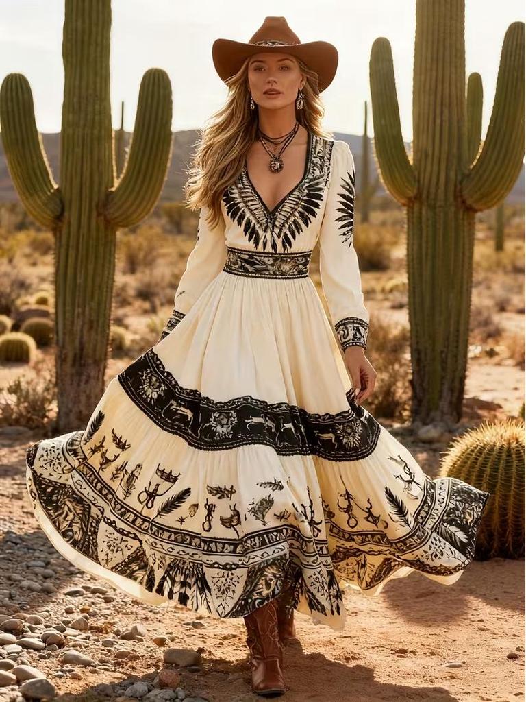 2026 Women's Spring/Summer V-Neck Long Sleeve Dress with Creative Pattern Background