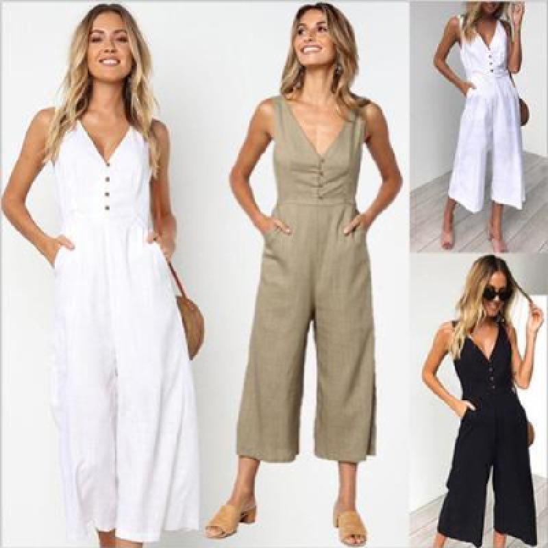 

2022 Fashion Women s V-Neck Button Backless Jumpsuit with Pocket and Zipper S