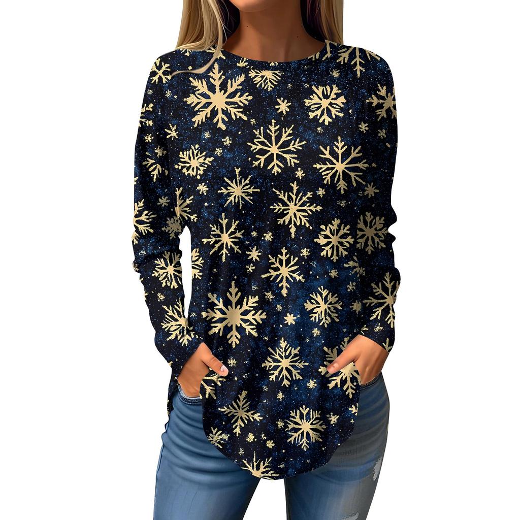 Women's Loose Round Neck Christmas Print Long Sleeve T-Shirt Top Pullover