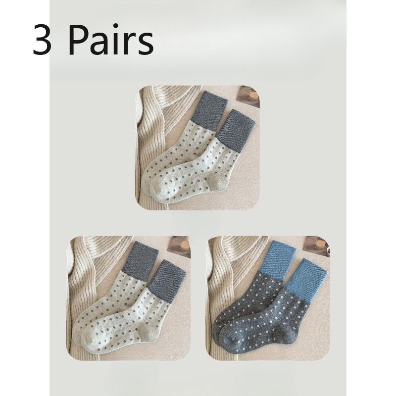 3 Pairs of  Female Autumn and Winter Thickened Warm Retro Splicing Color Polka Dot Wool Tube Socks