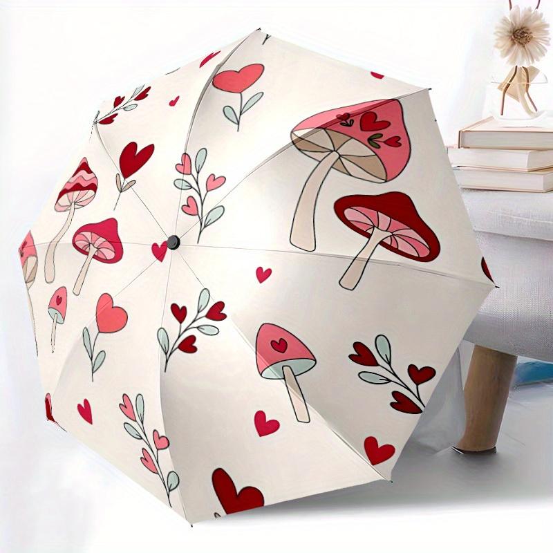 1pc Mushroom Hearts Automatic Open/close, All-Season Portable Folding Umbrella, Travel, Everyday, Formal Events - Compact Luxury Parasol, Outdoor Acce