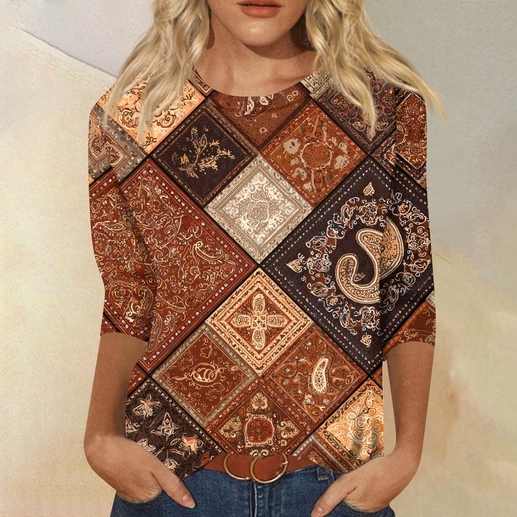 Women's Fashion Casual Round Neck Three-quarter Sleeve Retro Floral Print T-shirt Top