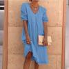 Women's V Neck Three Quarter Sleeve Loose Linen Midi Dress Casual Summer Tunic Dress