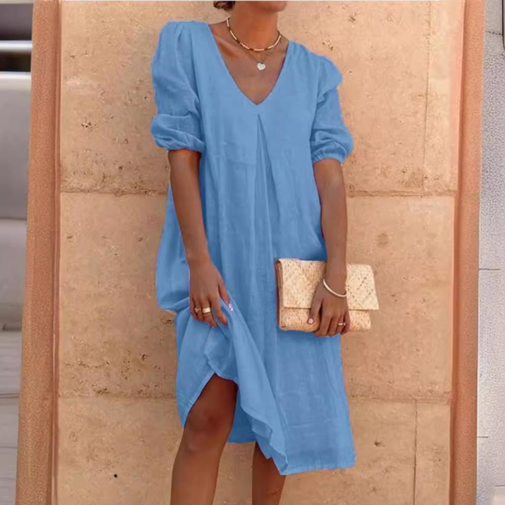 Women's V Neck Three Quarter Sleeve Loose Linen Midi Dress Casual Summer Tunic Dress