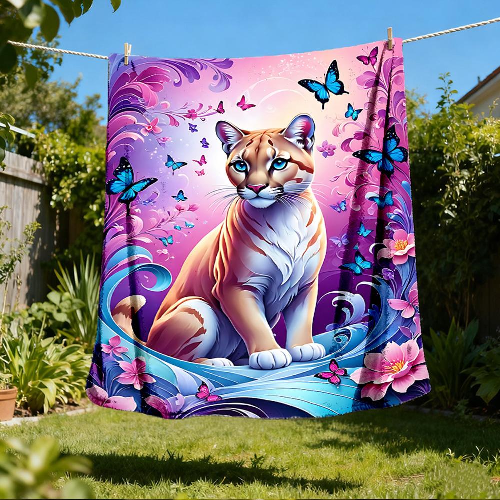 1 pièce Couverture Plaid Guépard Floral Papillon Fibre de Polyester, Flanelle Légère, Douce et Chaude, Utilisation Toutes Saisons pour l'Extérieur, Camping Impression Numérique