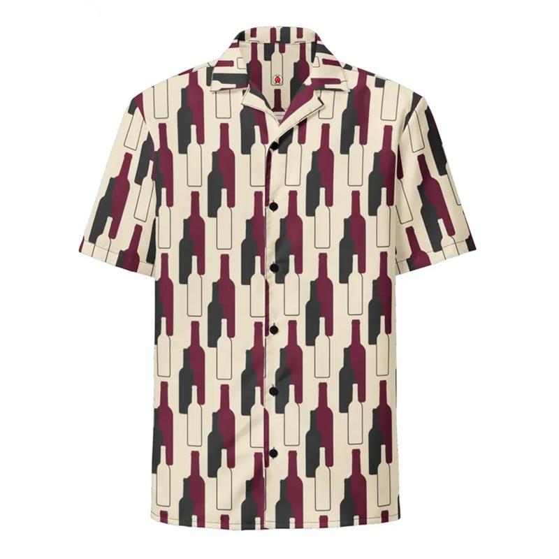 Wine Bottle Print Lapel Short Sleeve Men Shirt, Lightweight Loose Summer Casual Button Down Clothing