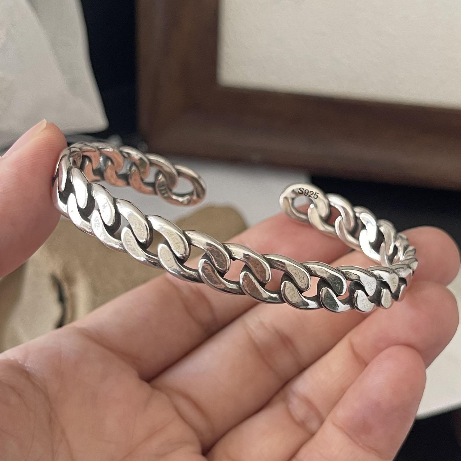 100% Solid 925 Sterling Silver Retro Bracelet for Women Geometric Retro Chain Handmade Sparkling Simple Bracelet Birthday Gift