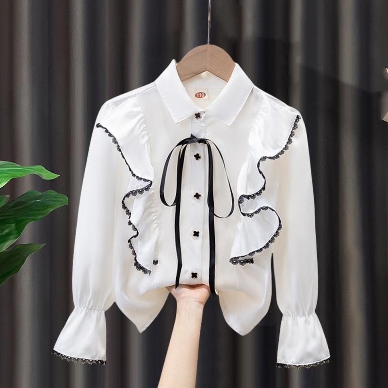 Dívčí košile s dlouhým rukávem Jaro Podzim Šifonové Bílé Tričko Knoflíkový Kardigan Klopový T-shirt pro Studentskou Uniformu Topy