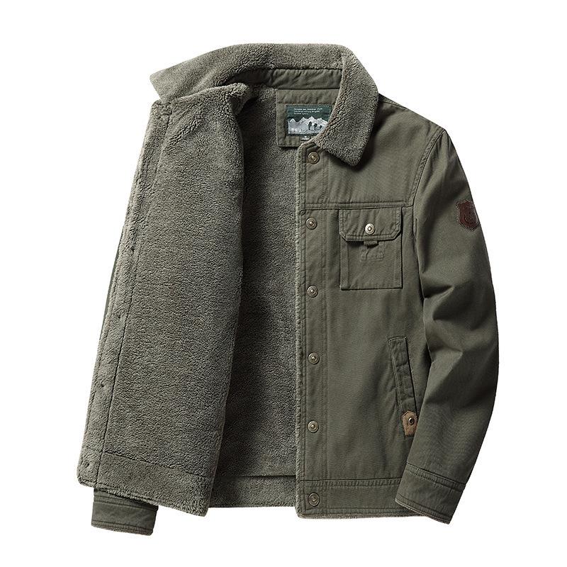 

Men s 2023 Autumn/Winter Washed Cotton Fleece-Lined Casual Jacket with Turn-Down Collar L армія зелений колір
