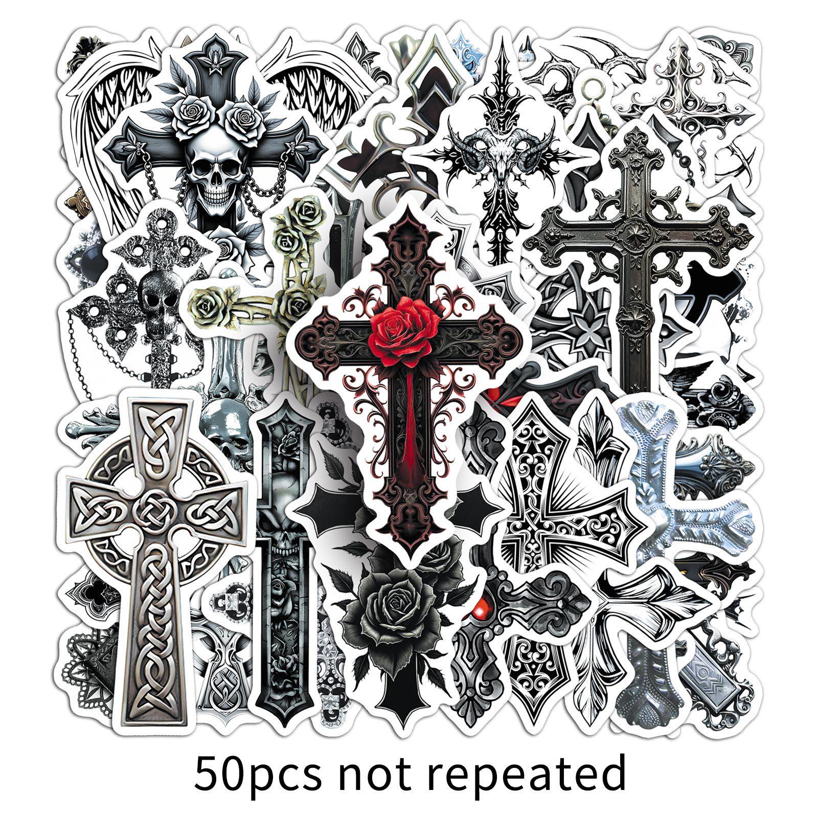 50 Dark Gothic Style Waterproof Cross Stickers - Retro Decorative Stickers for Computers and Luggage
