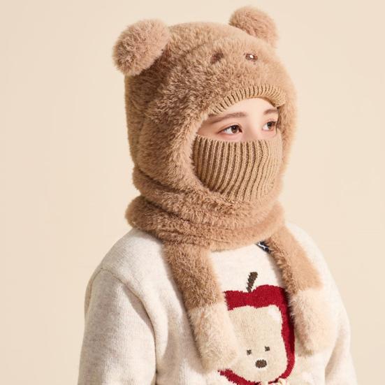 Kids Hat with Face Guard Scarf Plush Inner Lining Solid Color Bear Shape Warm Windproof Knit Hat Autumn Winter Outdoor Wear