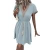 Women's Summer Dress, Spring and Summer Solid Color Short Sleeve Lace V-neck Waist-fitted Dress Casual Drawstring Waist Vacation Dress