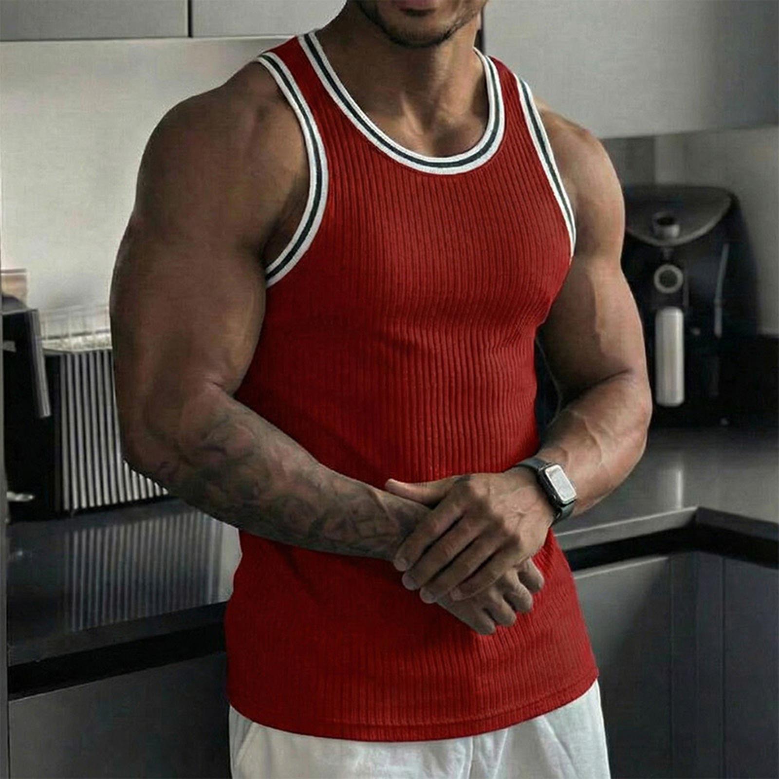 

Men Ribbed Knit Tank Top Sleeveless Athletic Shirt Contrast Trim Crew Neck Sportswear Casual Fit Vest M червоний