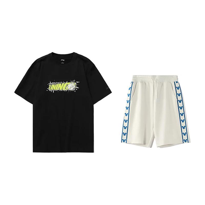 Li Ning Logo Round Neck Pullover Short Sleeve Fashion Comfortable Simple Five-Point Pants Casual Sports Suit Unisex Sports Suit AHSUA03-2+YKSV129-1