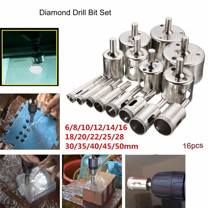 16pcs Diamond Cutter Hole Saw Drill Bit 6-50mm Set For Tile Ceramic Glass Marble