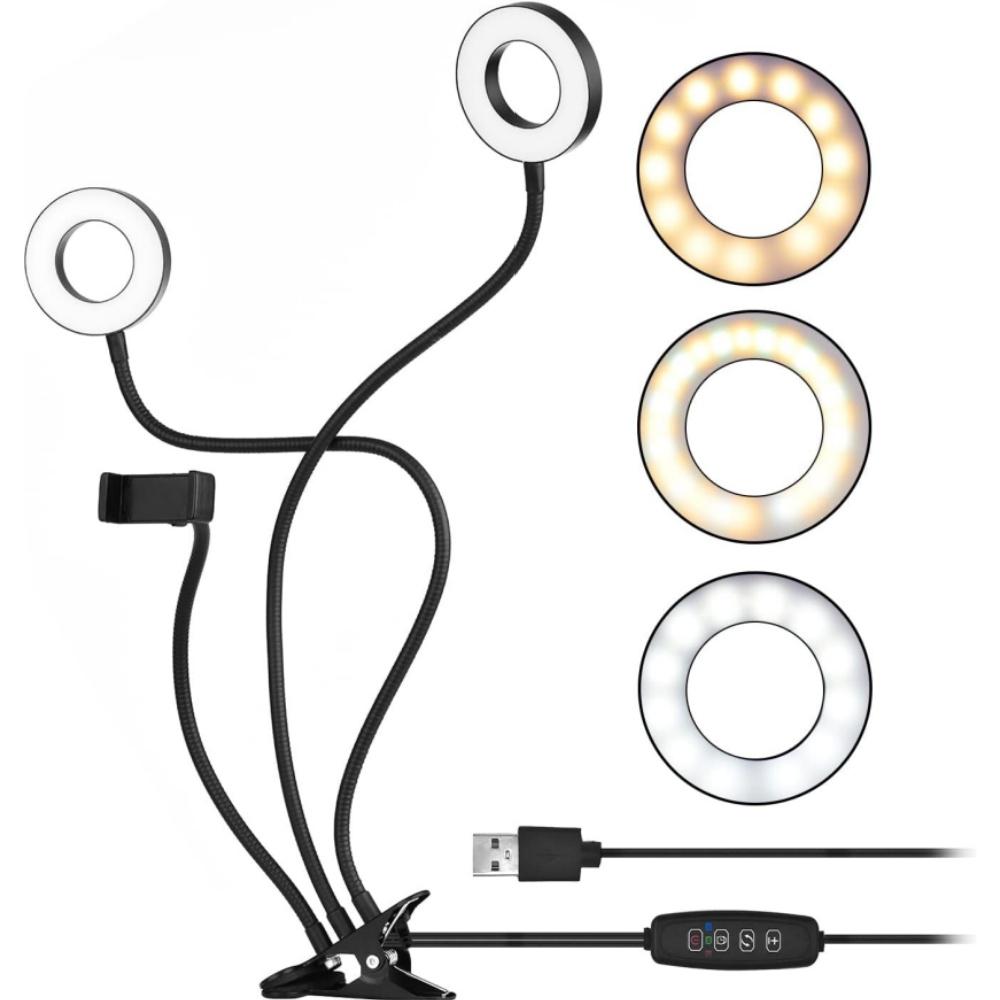 Dual Selfie Ring Light with Flexible Mobile Phone Holder Dimmable LED Ringlight for Live Streaming Video Conference Makeup light