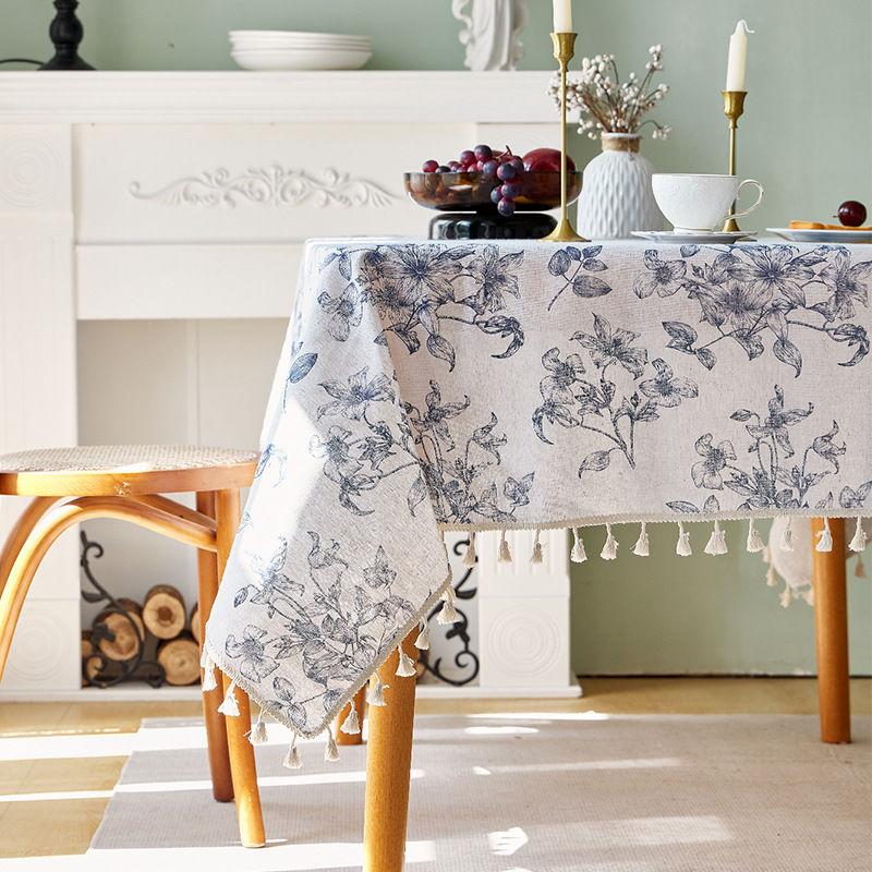 Elegant French Vintage Blue Rose Floral Blend Tablecloth with Beige Tassels - Rectangular, Perfect for Dining, Picnics, Parties, Weddings