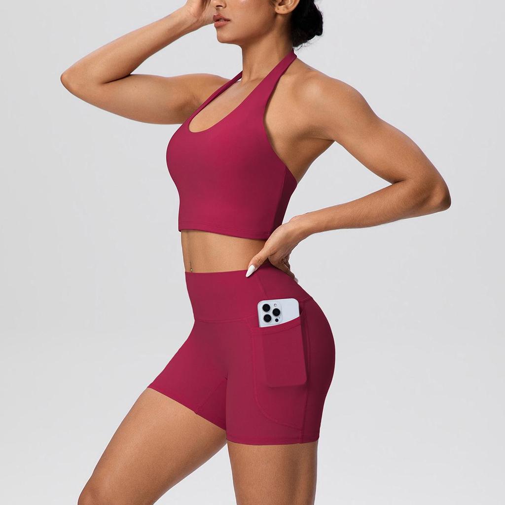 Solid Color Cross-Border Yoga Suit Set: Brushed Hanging Neck Vest with Pocket Pants and Fitness Shorts for Women