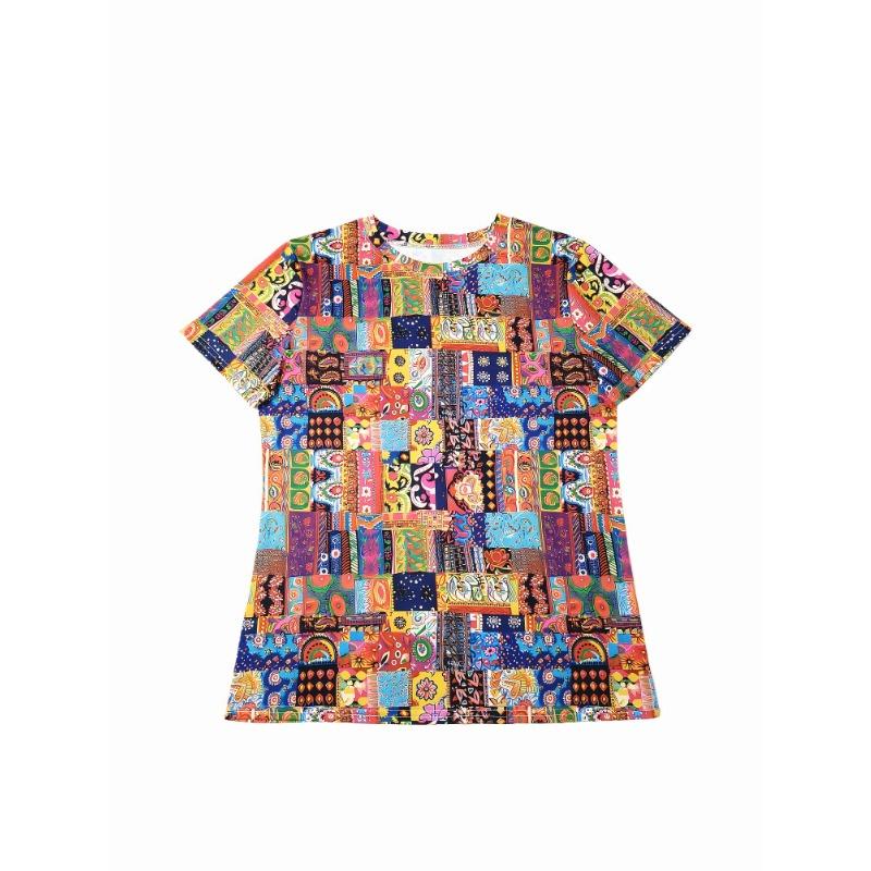 Lebhaftes Patchwork-Damen-T-Shirt - Boho Gemustertes Grafikdesign, Buntes Ethnisches Print-Design für Lässige Alltagsmode