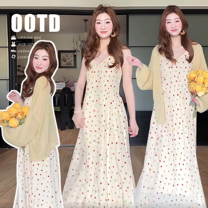 2026 Spring/Summer Korean Polka Dot Maternity Camisole Dress & Sun Protection Cardigan Set M