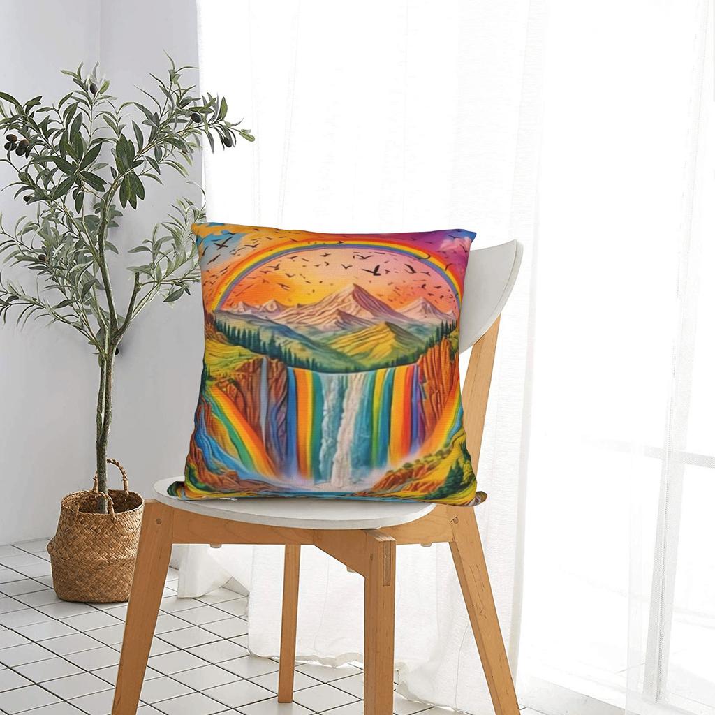 Rainbow Waterfall Art Pillow Cover  Square Cushion Cover Cute Funny Pillow Case For Living Room Chair