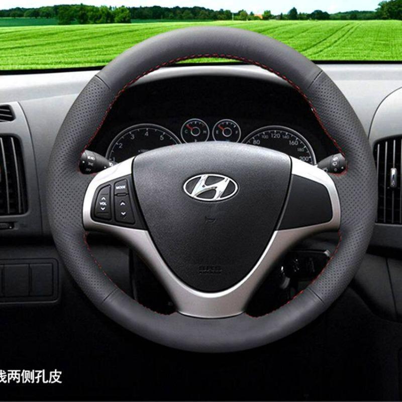 

For Hyundai I30 Elantra Touring 2009-2011 Customize Hand-stitched Fully Covered Black Leather Car Steering Wheel Cover Interior
