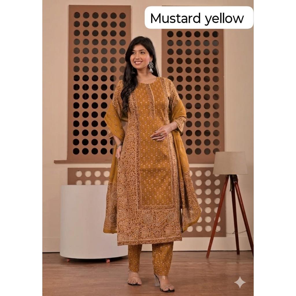 Heavy Cotton Women's Kurti Pant Dupatta Set Indian Designer Top Tunic Kurta Set
