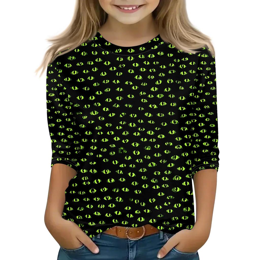 Print Tops For Youth Girls 5-16 Years Round Neck 3/4 Sleeves T-Shirts Trendy Tops Outfit Tees