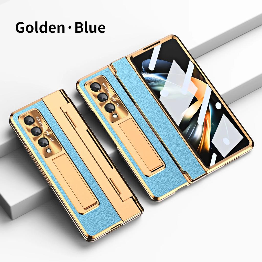 Plattande Gångjärn Enkelt Läder Fäste Fodral För Samsung Galaxy Z Fold 6 5 4 3 Med Härdat Glas Z Fold5 Fold6 Skyddsskal