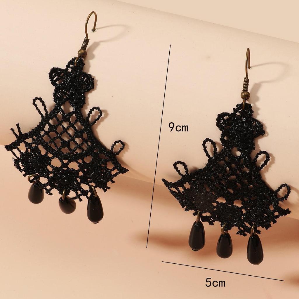 Elegant European & American Antique Black Tassel Lace Stud Earrings