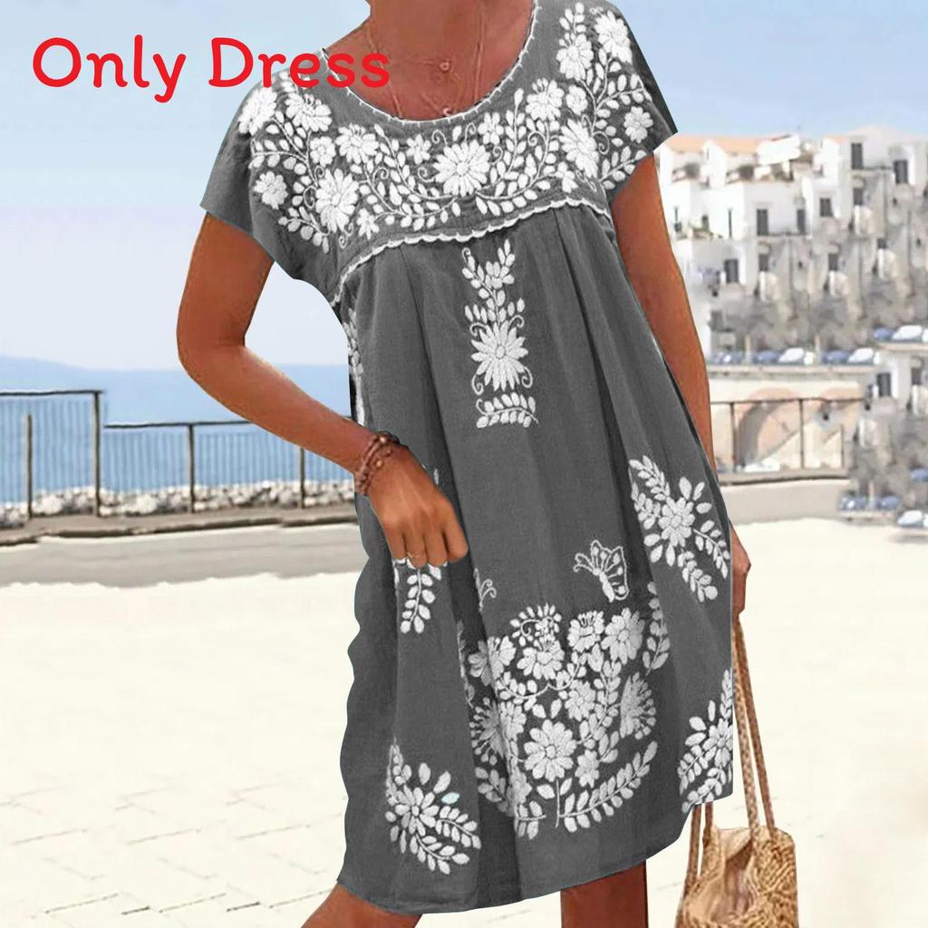 Ethnic Style Short Sleeve Floral Print A Line Dress For Summer Casual Wear