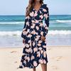 Women's Casual Fashion Floral Print V-neck Long Sleeve Waist Long Dress