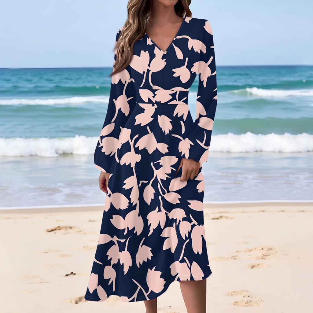 Women's Casual Fashion Floral Print V-neck Long Sleeve Waist Long Dress