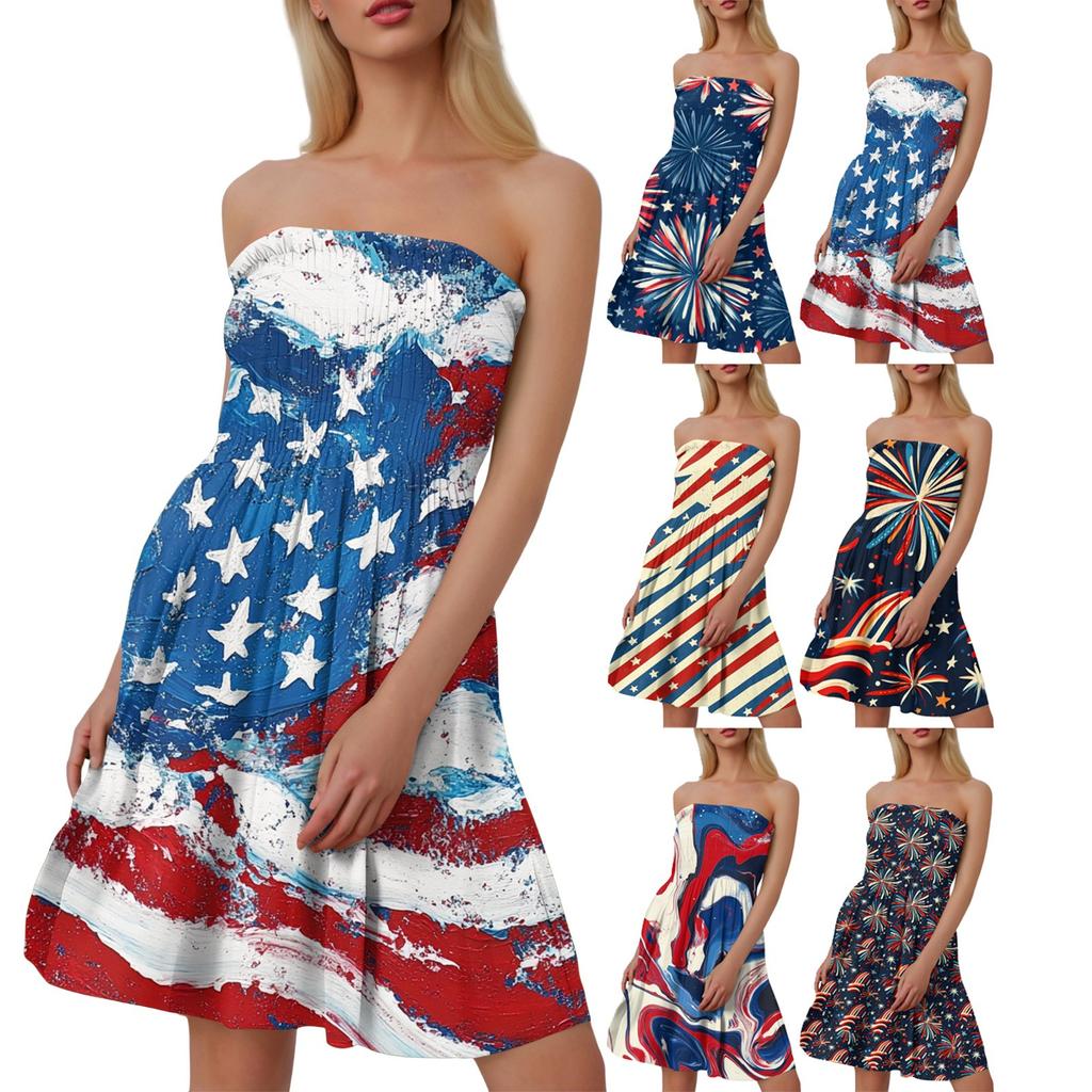 Fashion Women's Casual Bandeau Independence Day Printed Sleeveless Dress