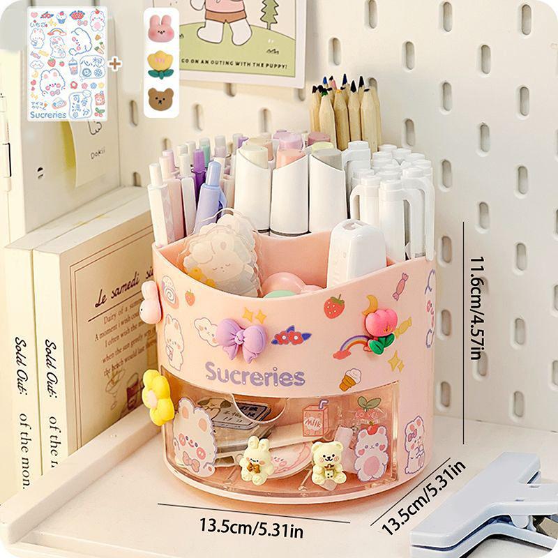 Cute Rotating Pen Holder Desktop Drawer Stationery Box Case School Office Desk Kawaii Stationery Storage Box Organizer Stickers