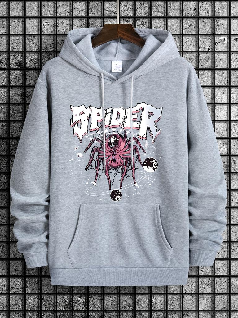 Spider Print Autumn Stylish Loose Top Solid Color Hooded Polyester Men's Sweatshirt Simple Casual