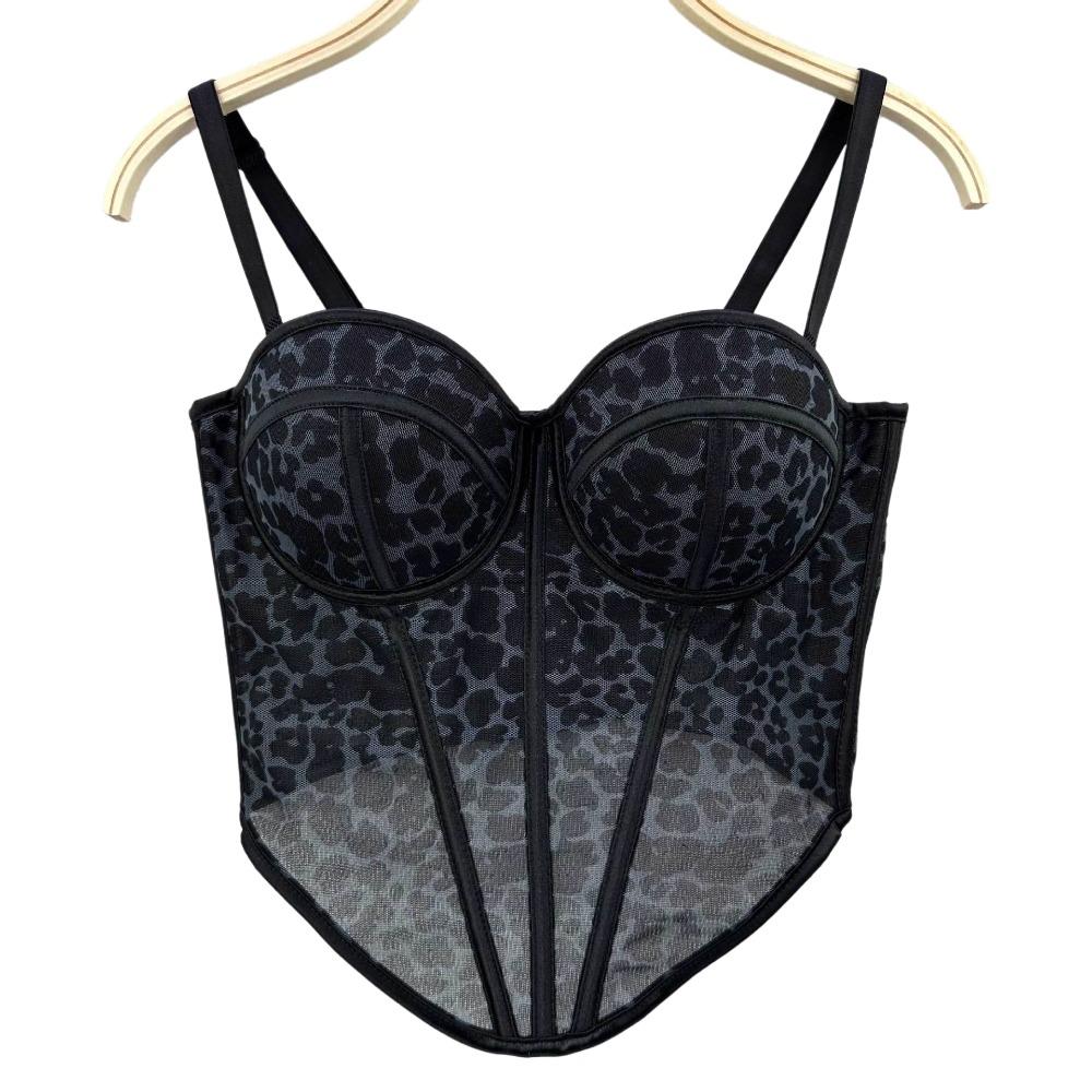 Buckle Leopard Print Fishbone Camisole Slim Fit Suspender Vest Fashion Slim Leopard Corset  Dance Grey 40-62.5kg