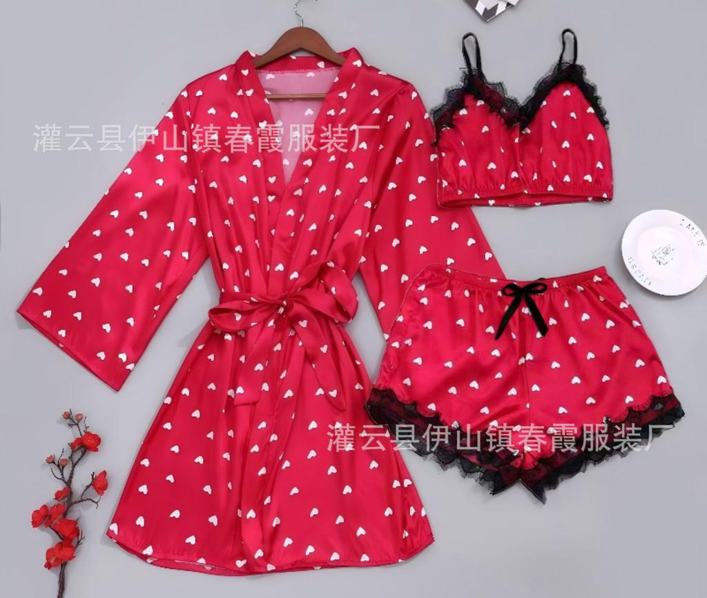 2026 new summer sexy pajamas satin three-piece loungewear love print women
