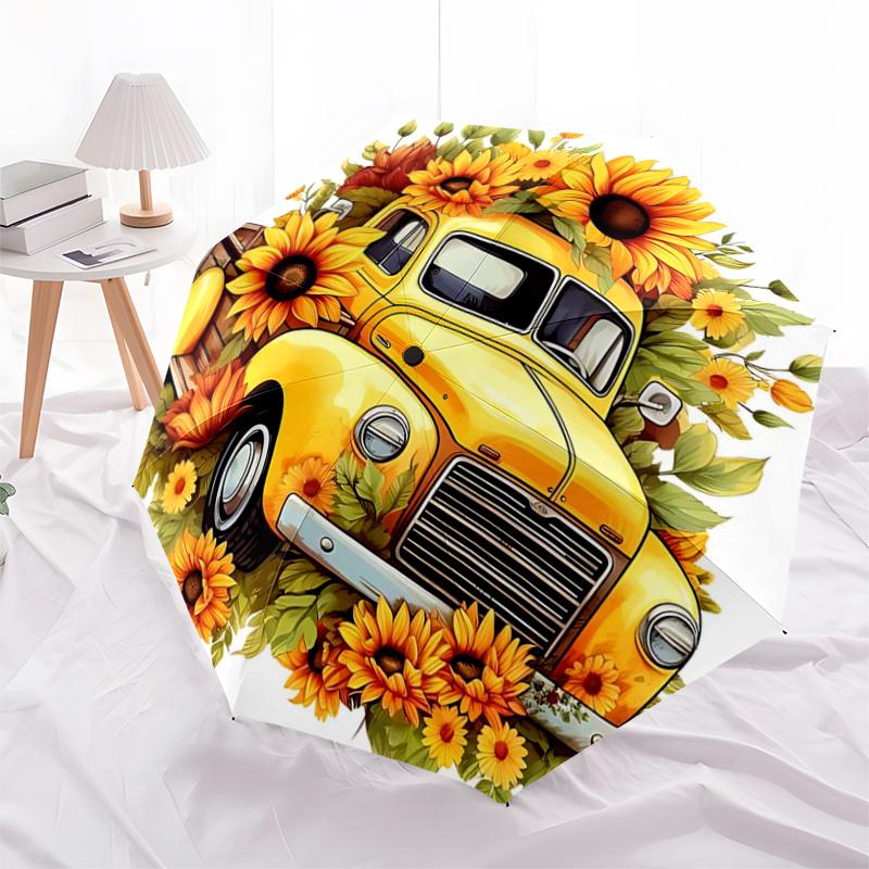 Sunflower Pickup Truck with Automatic Opening Umbrella - Portable Folding Design, 8-Bone Iron Frame Outdoor Umbrella, Ideal Gift for Fans, T