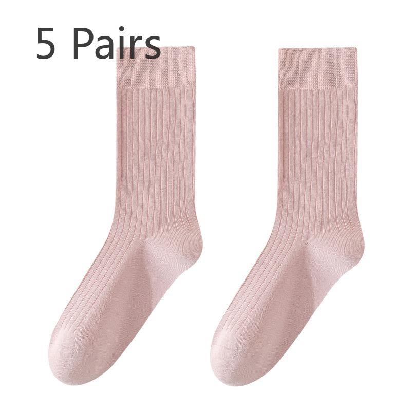 5 Pairs of Female Autumn and Winter Pure Color Pure Cotton Thickened 7A Antibacterial Deodorant Boneless Pile Socks