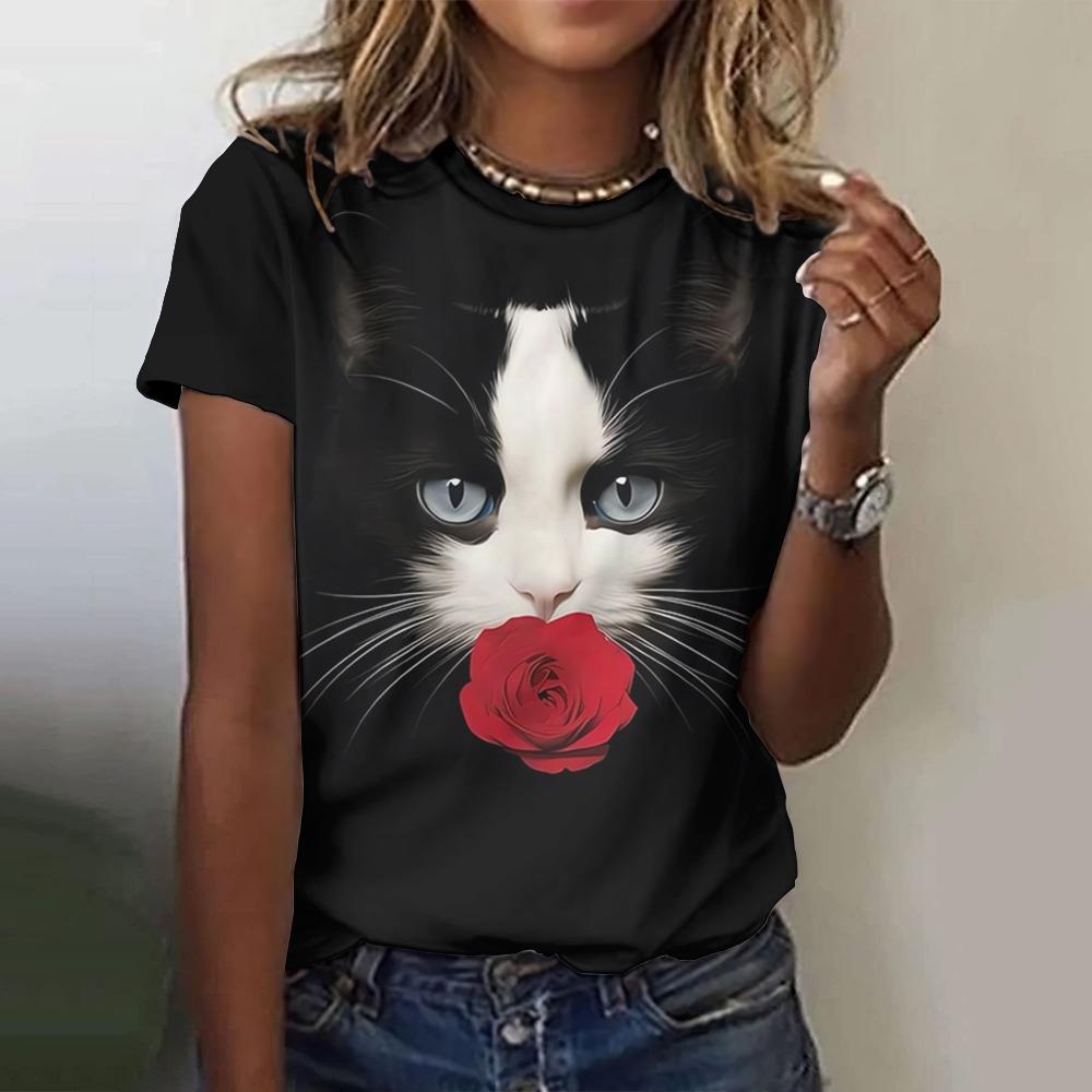 Summer Women Cat Print Casual Short-Sleeved 3d Fashion Streetwear Round Neck Pullover Oversized