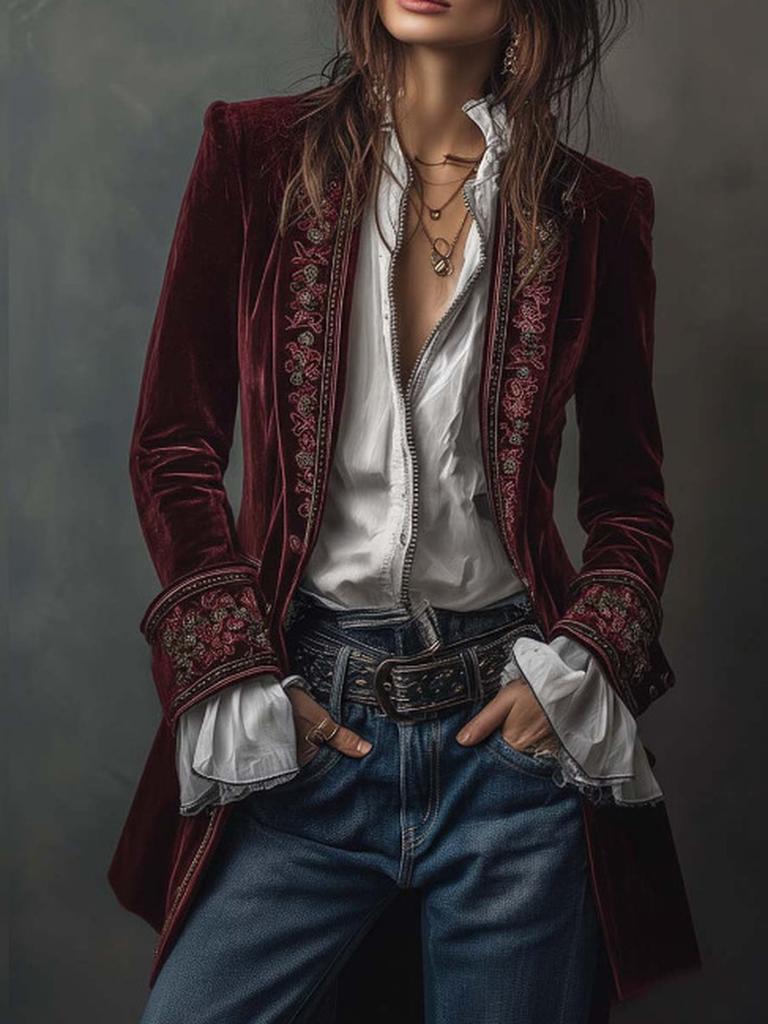 Women's Long Sleeve Solid Color Patchwork Lace Golden Velvet Coat