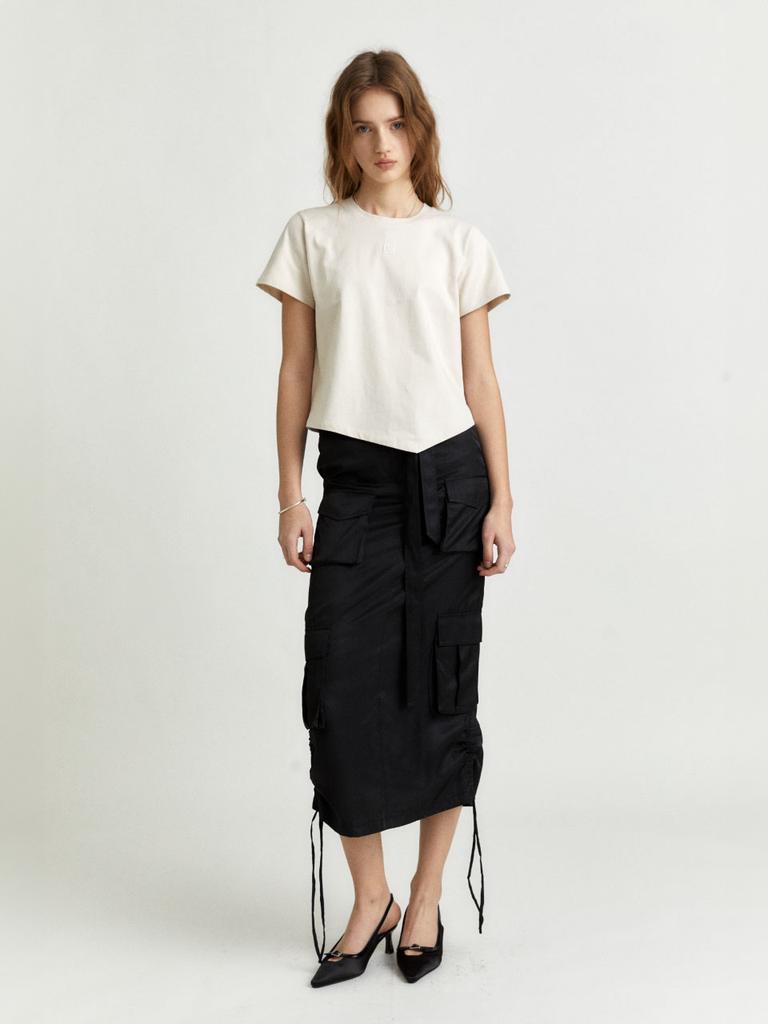 Muse Lily Side String Belted Satin Cargo Long Skirt_Black