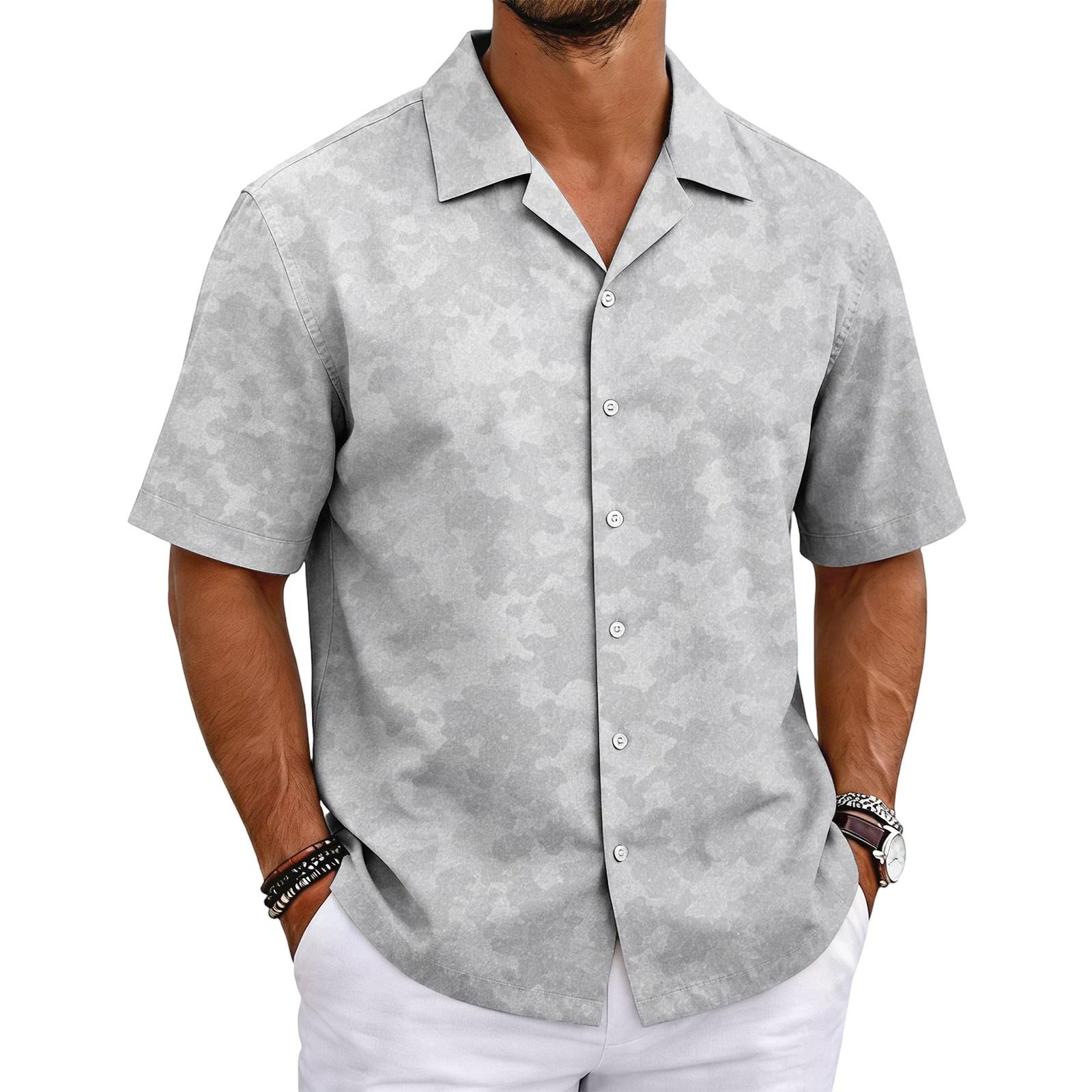Men Short Sleeve Cuban Collar Shirt Camouflage Pattern Button Down Lightweight Casual Summer Shirt for Outdoor Activities L бежевый