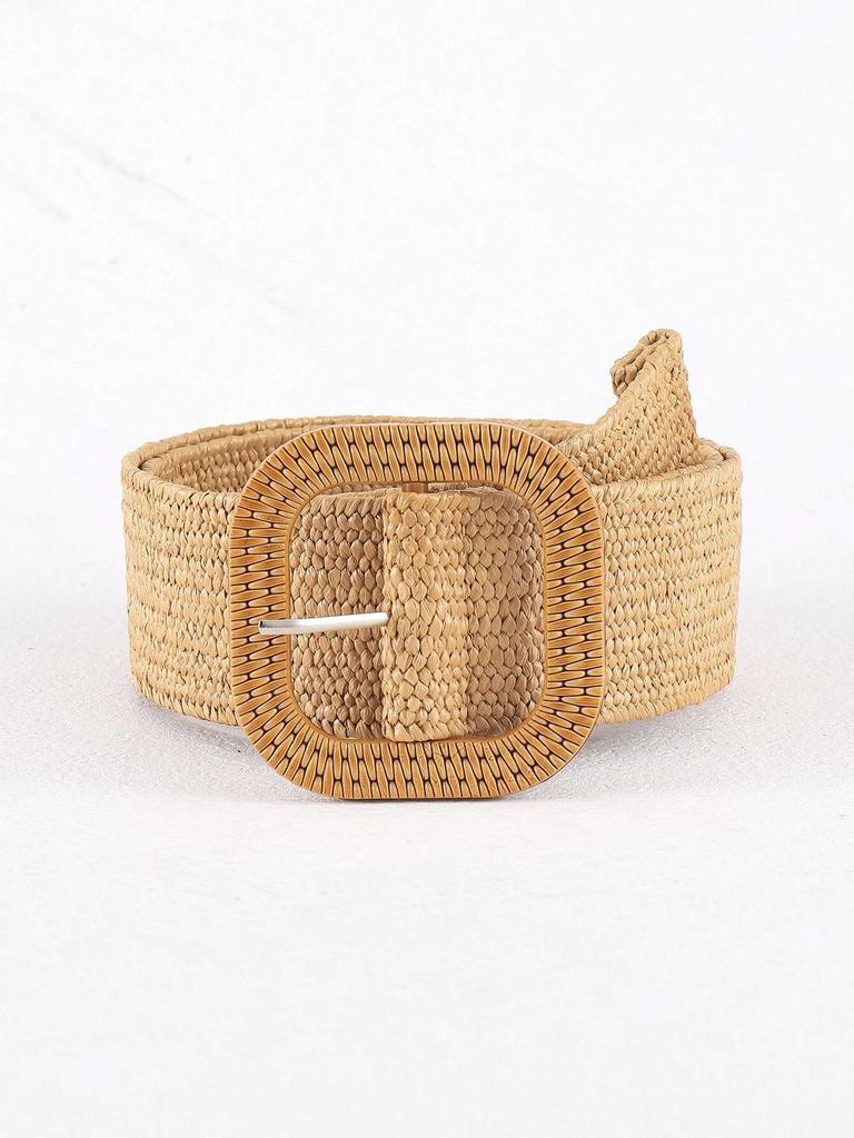Square Buckle Straw Braid Waist Belt: Natural Pastoral Style, Popular In Europe and America