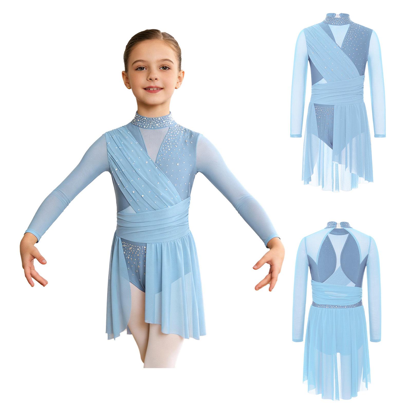 Abito da danza lirica da ragazza collo alto maniche lunghe schiena scoperta spacco laterale rete trasparente body arricciato 5-6 Years