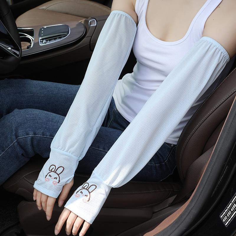 Women’s Summer UV Protection Arm Sleeves, Cute Bunny Ear Ice Silk Cooling Sleeves, Breathable Thin Sun Sleeves for Driving Cycling Outdoor