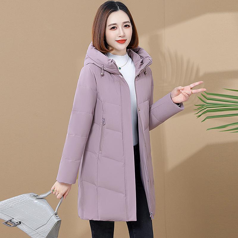 2025 Women's Mid-Length White Duck Down Jacket: High-End Slim Fit, Warm, Hooded Coat for Middle-Aged Moms